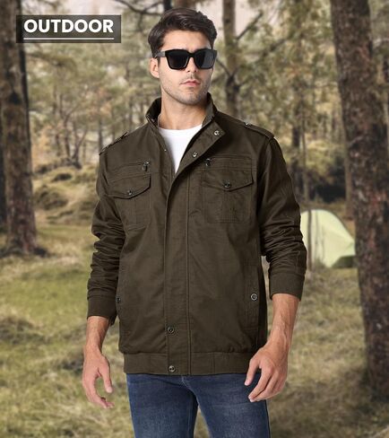 EKLENTSON Men's Cotton Lightweight Multi Pockets Zip Front Stand Collar Military Jackets Windbreaker in Saudi Arabia