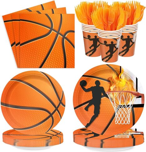 120 قطعة من أطباق كرة السلة ومناديل كرة السلة ومستلزمات حفلات أعياد الميلاد وأكواب ورقية وأدوات مائدة رياضية ومستلزمات الحفلات للصبي وكرة السلة وحفلات أعياد الميلاد تخدم 24 in Kuwait