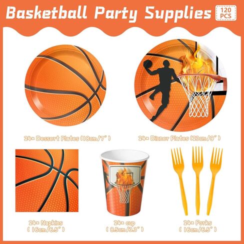 120 قطعة من أطباق كرة السلة ومناديل كرة السلة ومستلزمات حفلات أعياد الميلاد وأكواب ورقية وأدوات مائدة رياضية ومستلزمات الحفلات للصبي وكرة السلة وحفلات أعياد الميلاد تخدم 24 in Kuwait
