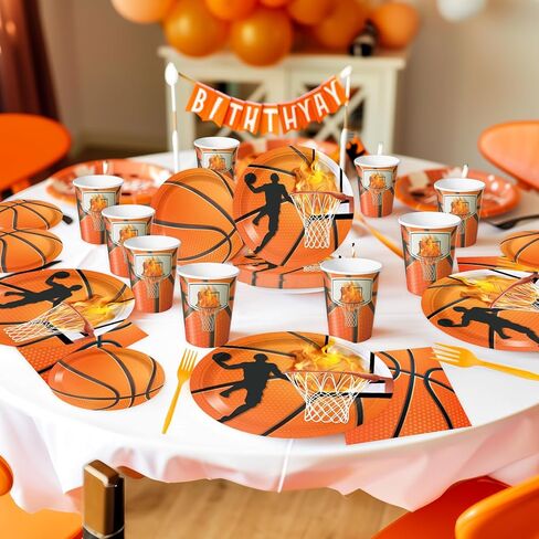 120 قطعة من أطباق كرة السلة ومناديل كرة السلة ومستلزمات حفلات أعياد الميلاد وأكواب ورقية وأدوات مائدة رياضية ومستلزمات الحفلات للصبي وكرة السلة وحفلات أعياد الميلاد تخدم 24 in Kuwait