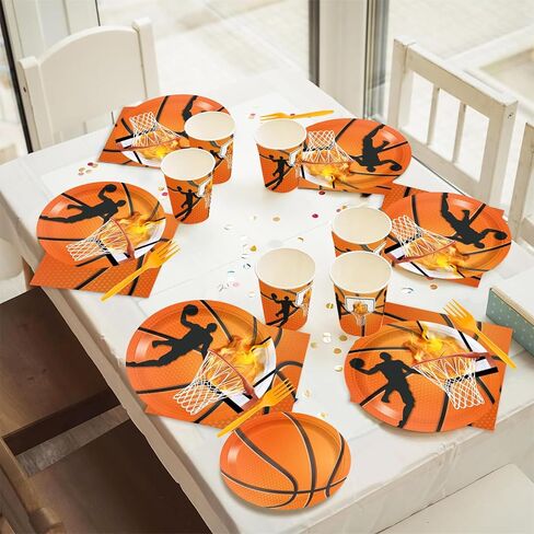 120 قطعة من أطباق كرة السلة ومناديل كرة السلة ومستلزمات حفلات أعياد الميلاد وأكواب ورقية وأدوات مائدة رياضية ومستلزمات الحفلات للصبي وكرة السلة وحفلات أعياد الميلاد تخدم 24 in Kuwait