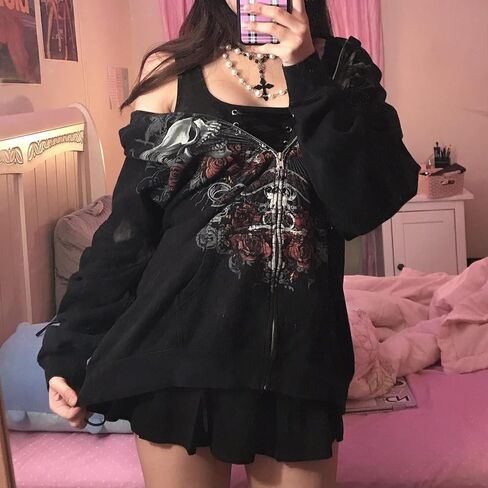 Meiweileya Women's Y2k Grunge Skull Graphic Zip Up Hoodies Emo Goth Skeleton Jacket Long Sleeve in Saudi Arabia