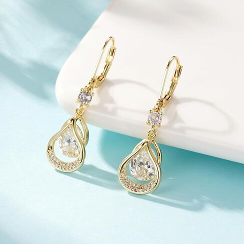 Dangle Earrings Trendy Leverback Birthstone Earrings 14K White Gold Teardrop Dangle Earrings Fine Jewelry Birthday Christmas Gifts for Women in Kuwait