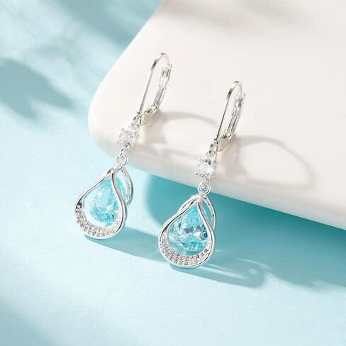 Dangle Earrings Trendy Leverback Birthstone Earrings 14K White Gold Teardrop Dangle Earrings Fine Jewelry Birthday Christmas Gifts for Women in Kuwait