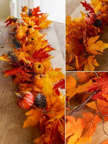 Misspin 6ft القيقب الأسود ورقة إكليل، هالوين إكليل سقوط أوراق إكليل الاصطناعي شنقا القيقب الأسود الخريف أوراق الكرمة الخريف ديكور أسود القيقب إكليل أوراق سوداء الشكر عيد الهالوين ديكور المنزل in Kuwait