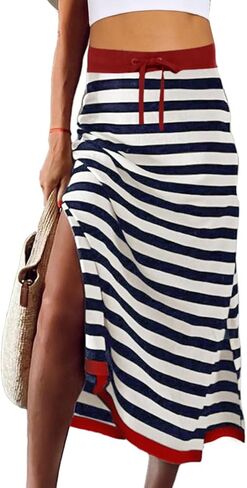 تنانير متوسطة الطول مخططة بفتحة ورباط من Avanova للسيدات، تنانير طويلة ذات ألوان متعددة in Kuwait