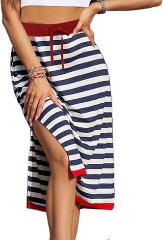 تنانير متوسطة الطول مخططة بفتحة ورباط من Avanova للسيدات، تنانير طويلة ذات ألوان متعددة in Kuwait