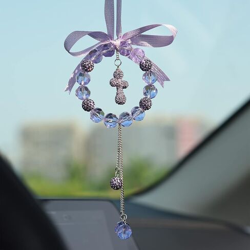 قلادة INEBIZ Bling Car Charm حلية معلقة مطرزة بالكريستال لتزيين مرآة الرؤية الخلفية (صليب أرجواني) in Kuwait