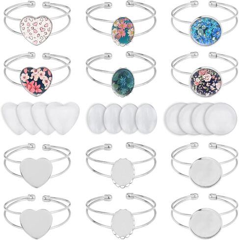 BUUFAN 24PCS Bezel Blank Bangle 25MM Adjustable Bezel Tray Settings Bracelets with Clear Glass Cabochon Base for Crafting DIY Jewelry Making in Kuwait