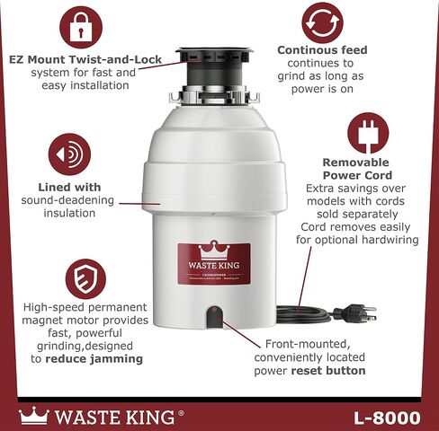 Waste King Legend Series 1 HP Continuous Feed Garbage Disposal with Power Cord - (L-8000) & Garbage Disposal Dishwasher Connector Kit - 1023 in Kuwait