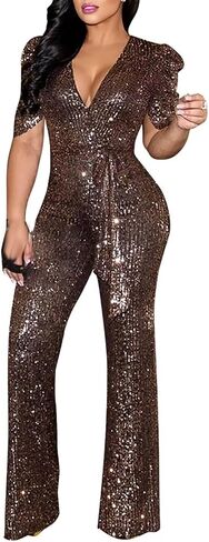 Women's Elegant Sparkly Jumpsuits Clubwear Short Sleeve V Neck High Waisted Wide Leg Pants Suit with Belt in Saudi Arabia
