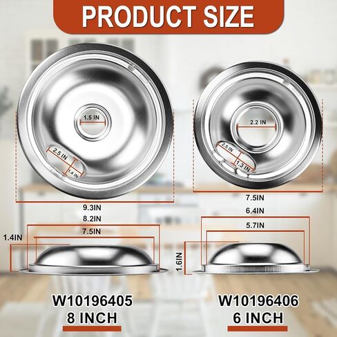 Cenipar W10196405 Range 8 inch drip bowl &W10196406 Range 6 inch drip bowl(3 Pack) chrome plated for Electric Surface Burner in Saudi Arabia