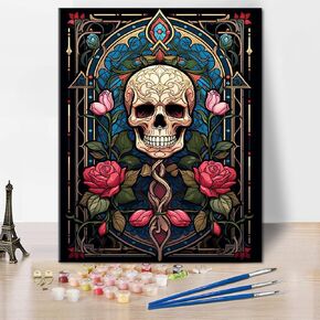 DIY Paint by Numbers for Adults Skull Adult Paint by Number Kits on Canvas Stained Glass with Skull Roses Painting by Numbers Kit for Adults Flowers Art Crafts 16x20 in