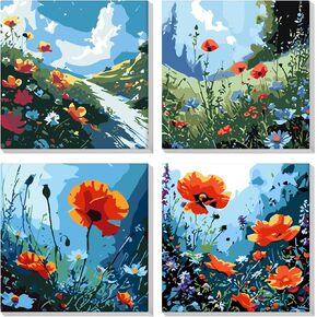 MOGTAA Landscape Paint by Numbers Kit for Adults BeginnersFramed, 4 Pack DIY Adults' Paint-by-Number Kits, Adult Paint by Number Kits on Canvas, Acrylic Arts and Crafts for Home Decor, 8x8in