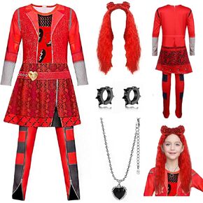 Princess Red Costume for Girls Rise Red Jumpsuits Kids Dress up Outfits Halloween Party Cosplay 5-12Y with Wig