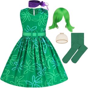 Girls Disgust Costume Dress Kids Green Fancy Dress up Halloween Birthday Party Cosplay Outfits with Wig