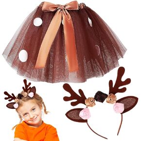 Reindeer Tutu Skirt with Headband Set for Girls Women, Deer Tutu Skirt Elk Headband for Halloween Christmas Cosplay Dress Up