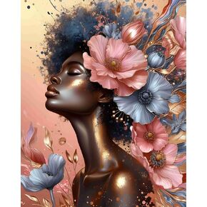 Rebotipy DIY Paint by Numbers for Adults, Black Woman Paint by Numbers, 16X20 Inch Flameless Flowers Painting by Number with Paint Brushes and Acrylic Pigment, Oil Painting Adults Kits Gift