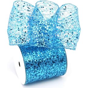 Teal Glitter Mesh Wired Ribbon 4" X 10 Yards Webbed Teal Sequin and Glitter Christmas Ribbon for Tree Decoration, Garlands and Swags, Home Decor, Craft Projects, Wreath Supplies