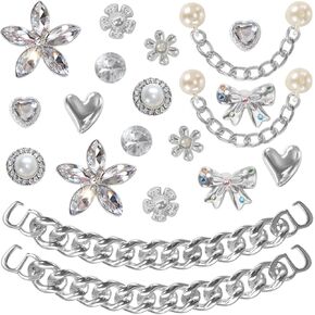 20 Pcs Bling Shoe Charms, Plastic Rhinestone Flower Pearl Gems Shoe Charms, Sparkling Silver Shoe Chains, DIY Shoe Decoration Charms for Party Favors Birthday Gifts