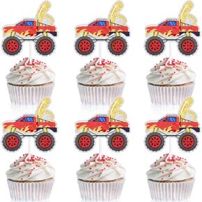 18pcs Big Wheel Trucks Kids 4th Birthday Happy Racing Cupcake Toppers Set - It's the perfect car theme party, boy girl birthday party, baby shower truck, checkered flag decorations - LIANGSS