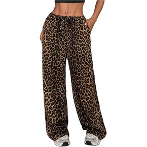 SOLY HUX Women's Y2k Baggy Pants Leopard Print Pants Straight Leg Drawstring Trousers Streetwear