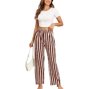 Women Striped Wide Leg Pants High Waist Casual Pants Comfy Elastic Palazzo Lounge Pants Trousers with Pockets