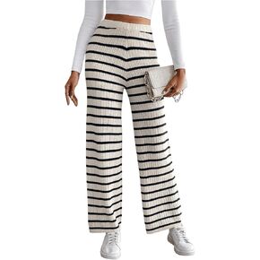 MakeMeChic Women's Striped Elastic Waist Sweater Pants Loose Fit Straight Leg Knitted Trousers