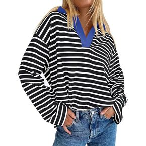 Womens Contrast Collar Stripes T Shirts Casual Long Sleeve Loose Fit Polo Pullover Tunic Tops