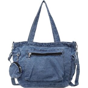 Denim Tote Bag, Large Capacity Jean Purses for Women Denim Crossbody Handbags with Small Purse