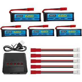 2PCS 3.7V 680mAh 1S Lipo Battery with JST Plug and USB Charging Cable for UDI U817 U818A V959 V222 V929 S032 RC Drone, Four Axis Aircraft Battery Accessories (2PCS Battery+2USB)
