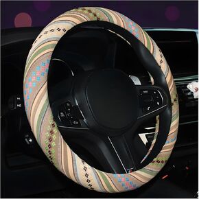 Boho Steering Wheel Cover, 15.0"×15.0" Anti-Slip Baja Blanket Ethnic Steering Wheel Protector, Breathable Flax Cloth Elastic Bohemian Steering Wheel Cover, Car Accessories (Style J)