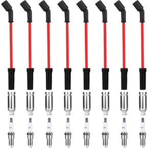 8-Pack Spark Plug Wires Set & 41-110 Iridium Spark Plugs Compatible with 2000-2013 Chevy Silverado Tahoe Suburban GMC Sierra Yukon Savana Cadillac Escalade, Replacement for 48322R 9748HH 9748UU