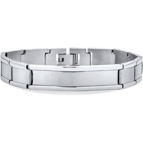 Bling Jewelry Customizable Identification Tag Name Plate Curb Watchband ID Bracelet for Men Personalized Name Engraved Silver Tone Stainless Steel 8.5