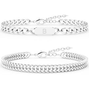 2PCS Initial Letter Cuban Bracelet, A-Z Letter Pendant Stainless Steel Silver Cuban Link Chain for Men Women Jewelry Set Valentines Day Birthday Christmas Gift for Him Her