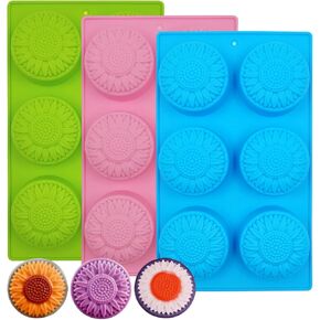 3 Pack Round Sunflower Soap Molds,Round Soap Mold,YuCool 6 Cavity Cylinder Daisy Flower Silicone Molds for Homemade Cake Chocolate Cupcake Soap-Pink Blue Green