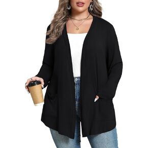 Women's Plus Size Lightweight Long Sleeve Casual Soft Open Front Cardigan Cover ups with Pockets