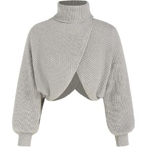 CIDER Cropped Sweaters for Women Turtleneck Long Sleeve Fall Sweaters Chunky Ribbed Knit Lantern Sleeve Pullover 2024