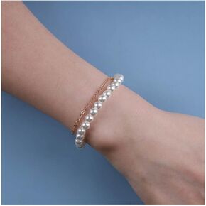 Vintage Layered Pearl Bracelet Gold Pearl Station Bracelet Pearl Strand Bracelet Pearl Chain Bracelet Wedding Hand Chain Jewelry for Women and Girls