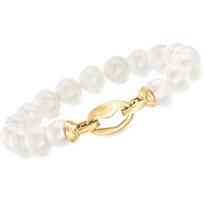 Ross-Simons 9-10mm Cultured Pearl Link Bracelet in 18kt Gold Over Sterling. 8 inches