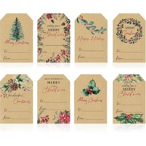 300Pcs Christmas Plants Gift Tag Sticker Kraft Color Watercolor Xmas Paper Decal 8 Designs Winter To and From Stickers for Envelopes Scrapbook DIY Supplies, 3 x 2 in