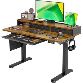 Standing Desk, Computer Office Desk with Power Outlets and Type-C, Stand Up Desk with Drawers and Shelves, 48 inch, Rustic Brown