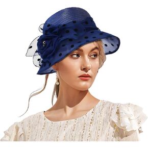 Wooee Fascinator قبعات الكنيسة الأورجانزا الكنيسة قبعة الشمس واسعة كوكتيل الشاي حفل زفاف الصيف هاري الملحقات الأزرق in Kuwait