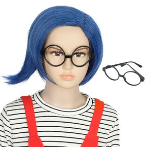 VGbeaty Girls Blue Bob Wig with Black Glasses Sadness Cospaly costume Halloween Wig