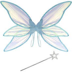 Fairy Wings for Adult Girls Halloween Cosplay, Princess Angel Elf Fairy Costume for Dress Up Women Cosplay Accessories, Blue Sparkling Butterfly Fairy Wings with Wand for Halloween Party