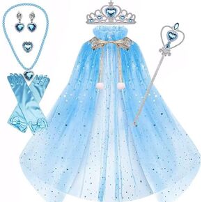 Princess Set Blue, Cloak Crown Cane Necklace Bracelet Ring Ear Clips 7 PCS