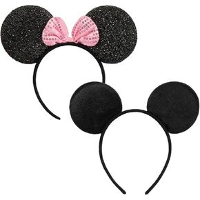 CHuangQi 2pcs Mouse Ears Headbands with Bow, Boy & Girl Headwear Hair Accessories for Birthday Party or Celebrations