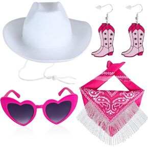 Yewong Pink Cowgirl Costume Accessory Cowgirl Hat with Heart Glasses Boot Earrings Rhinestone Fringe Bandanas for Women Girls Western Party Favor