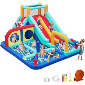 Inflatable Water Slide, Double Lane Water Slides Bounce House with 4 Splash Pools, Climbling Wall, Water Cannons, Punching Bag, Kids Inflatable Water Park with 450W Blower for Outdoor,Blue