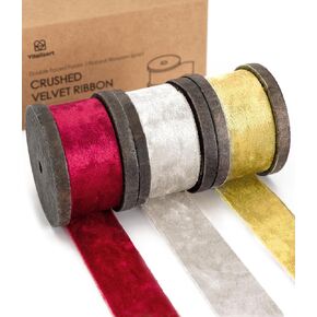 Vitalizart Velvet Ribbon Set 1" x 9Yd Wooden Spool Gold Luxury Velvet Ribbons Double Side for Christmas Tree Wreath Decoration Ornaments Gift Wrapping Flower Bouquet 3 Rolls * 3Yd